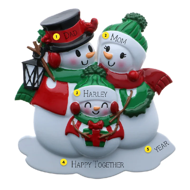 Personalized Snowman Family of 3 Ornament