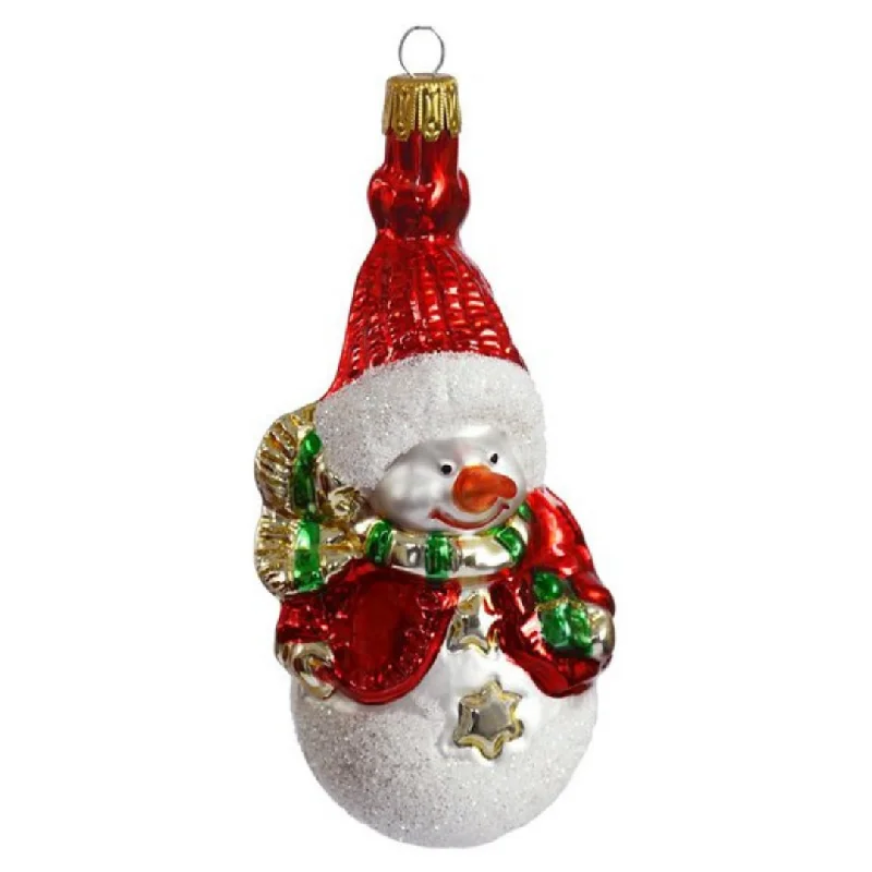 Snowman with Scarf and Gift, red vest Ornament by Glas Bartholmes