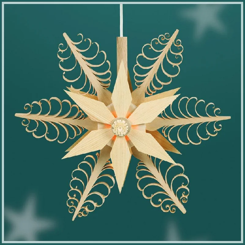 Illuminated Hanging Star, double, 21cm with 6 flat curl trees and star center by Martina Rudolph