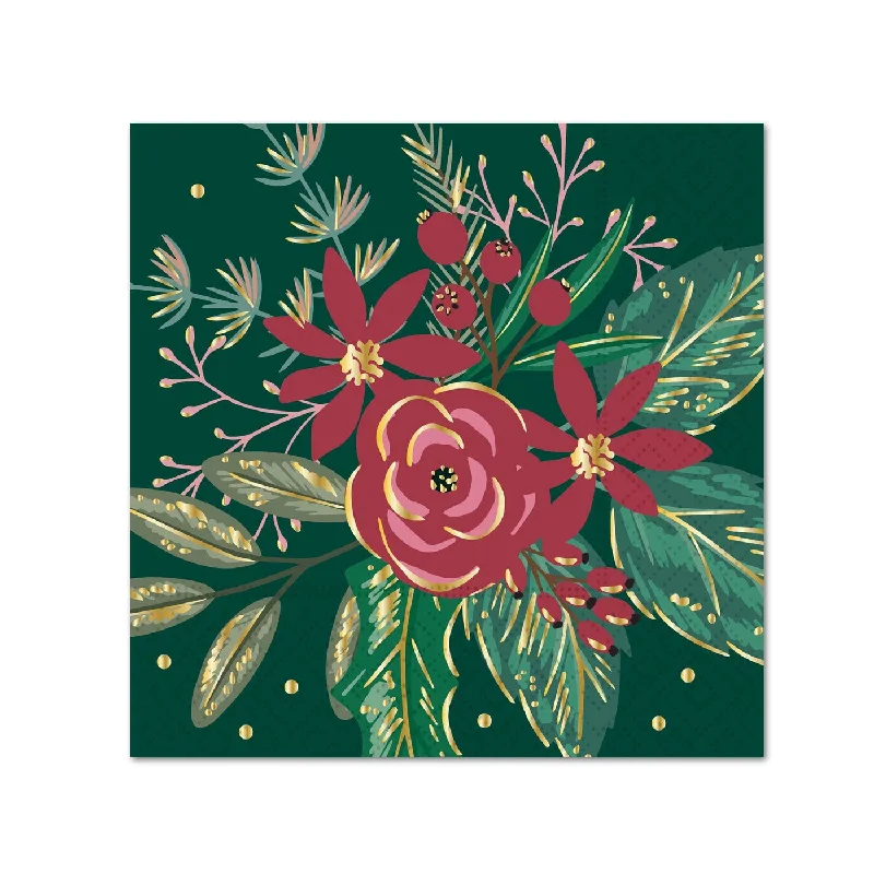 Winter Botanical Gold Foil Paper Beverage Napkins - Evergreen