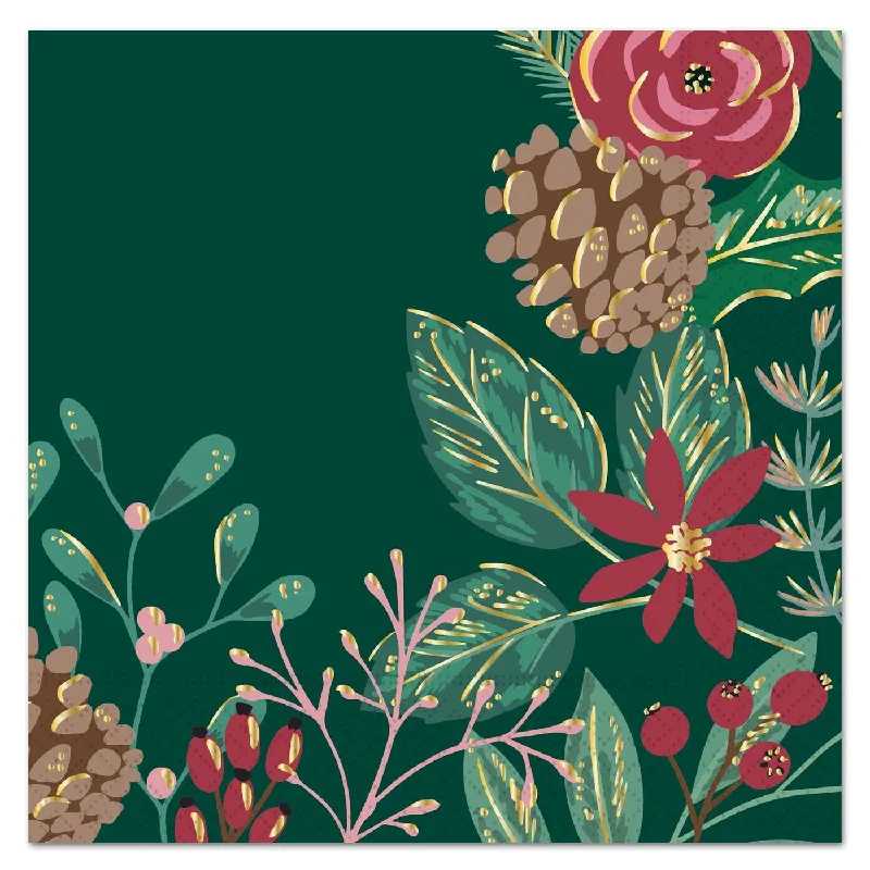 Winter Botanical Gold Foil Paper Luncheon Napkins - Evergreen