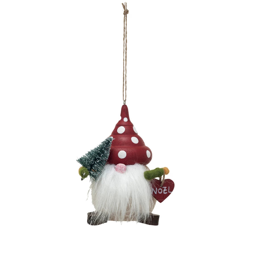 Wood Gnome w/ Mushroom Hat Ornament